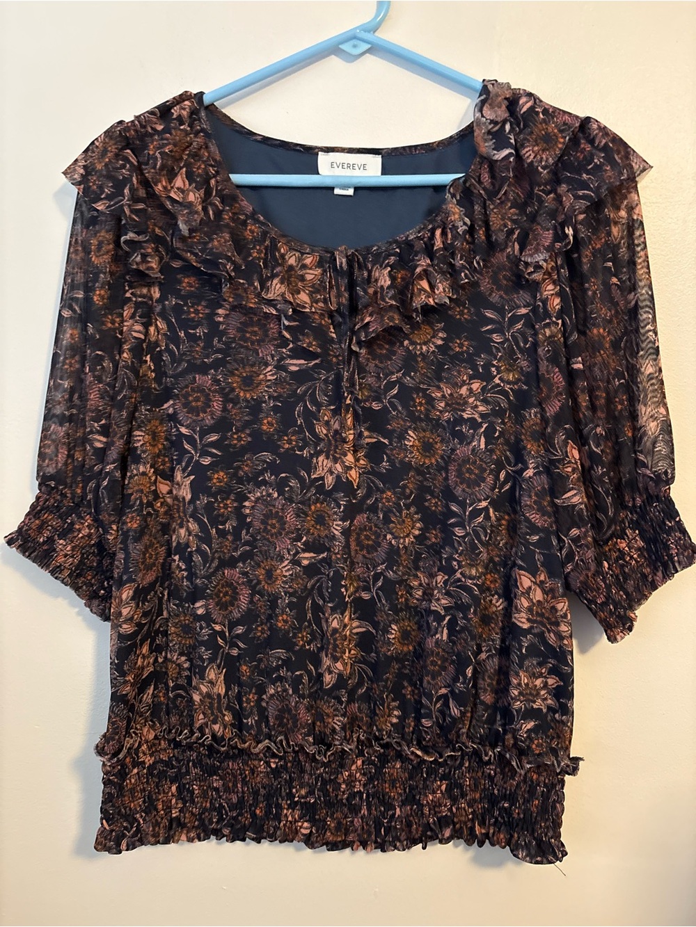 Evereve Navy Floral Ruffle Boho Romantic Neck Blouse with Rust Accents